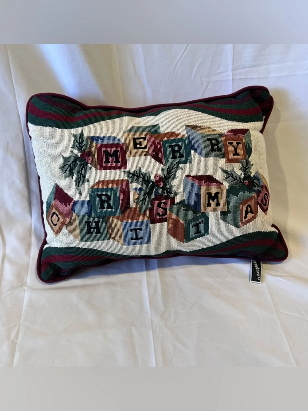 Vintage Newpoint Merry Christmas Tapestry Pillow Needlepoint Holiday Decor 15x12